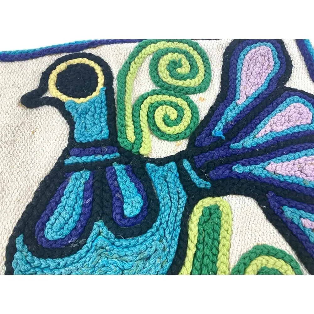 Vintage Yarn Painting Pillow Cover Folk Art Bird Embroidery Crewel Boho Ethnic